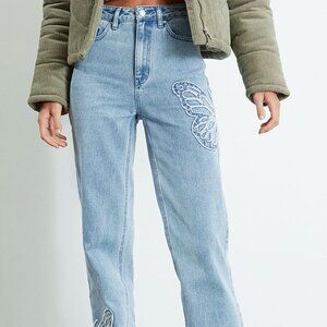 PacSun Butterfly Patch '90s Boyfriend Jeans Sz 26 Blue Baggy Legs High Rise READ